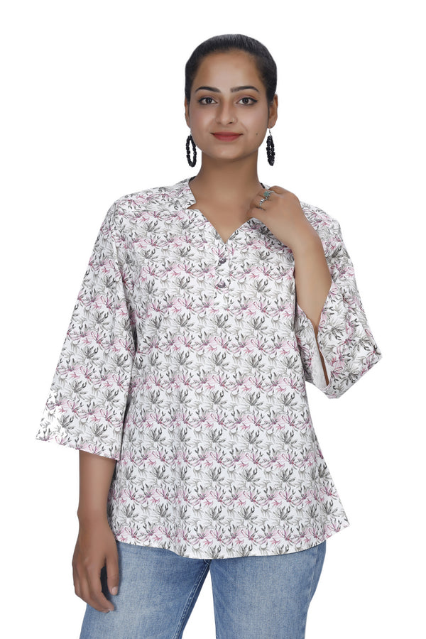 NEILGUY 100% COTTON | NOTCH COLLAR | FLARED SLEEVES FLOWER PRINT TOP. DRESSING UP FOR A LUNCH OR A DAY AT WORK